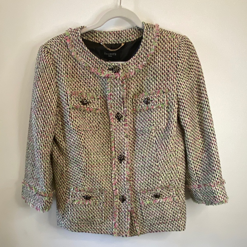 Talbot Office Coat in Green Pink and Black Fringe edging